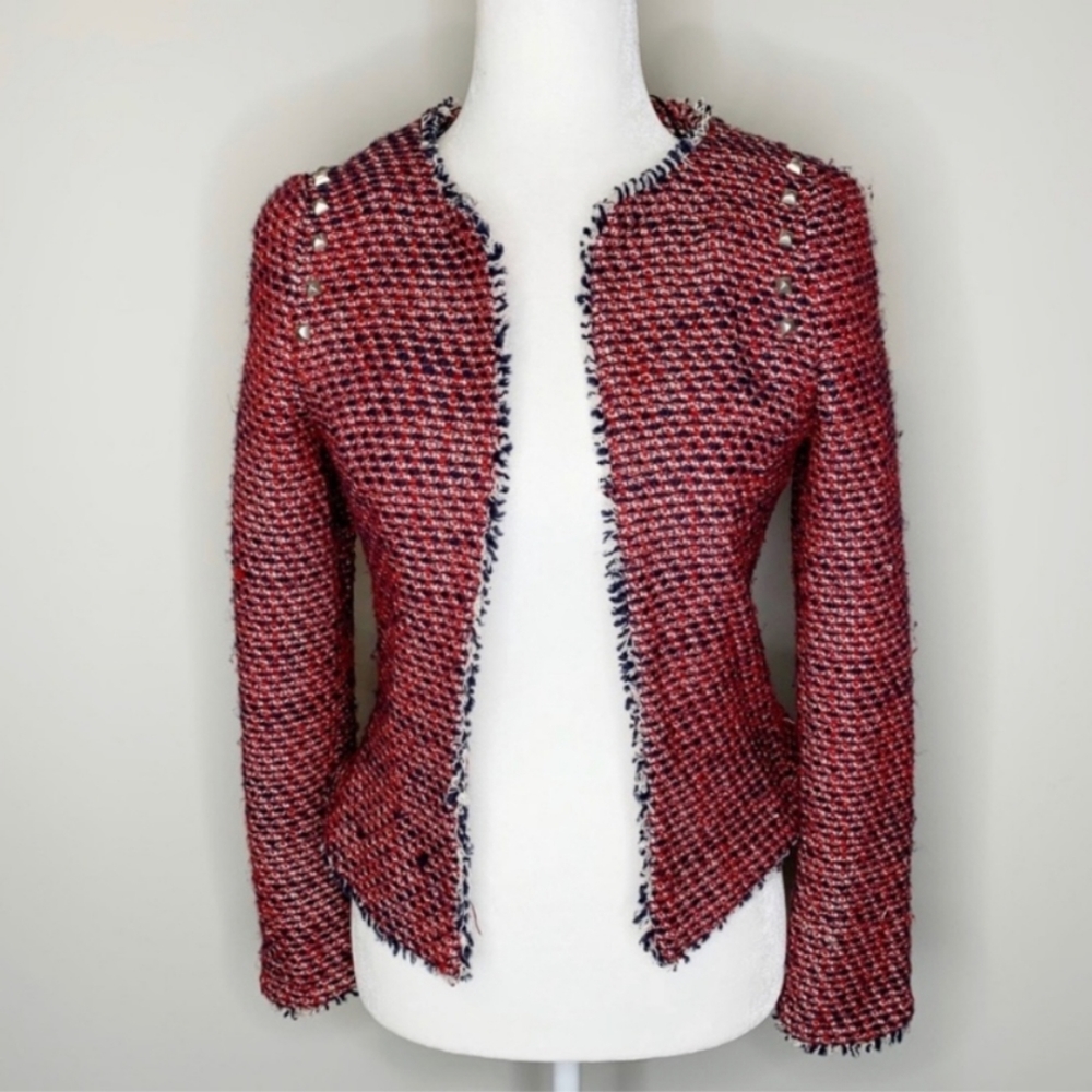 Zara Trafaluc tweed studded frayed jacket